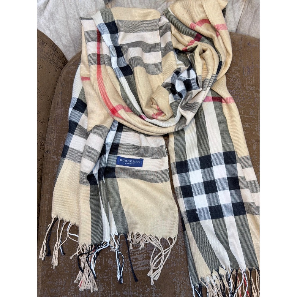 Burberry London Scarf Nova Check Tan Plaid Fringe Trim Unisex Designer Wrap